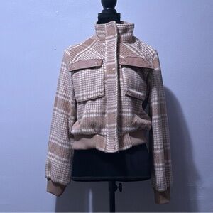 Bagatelle Plaid Bomber Jacket in Tan and Cream